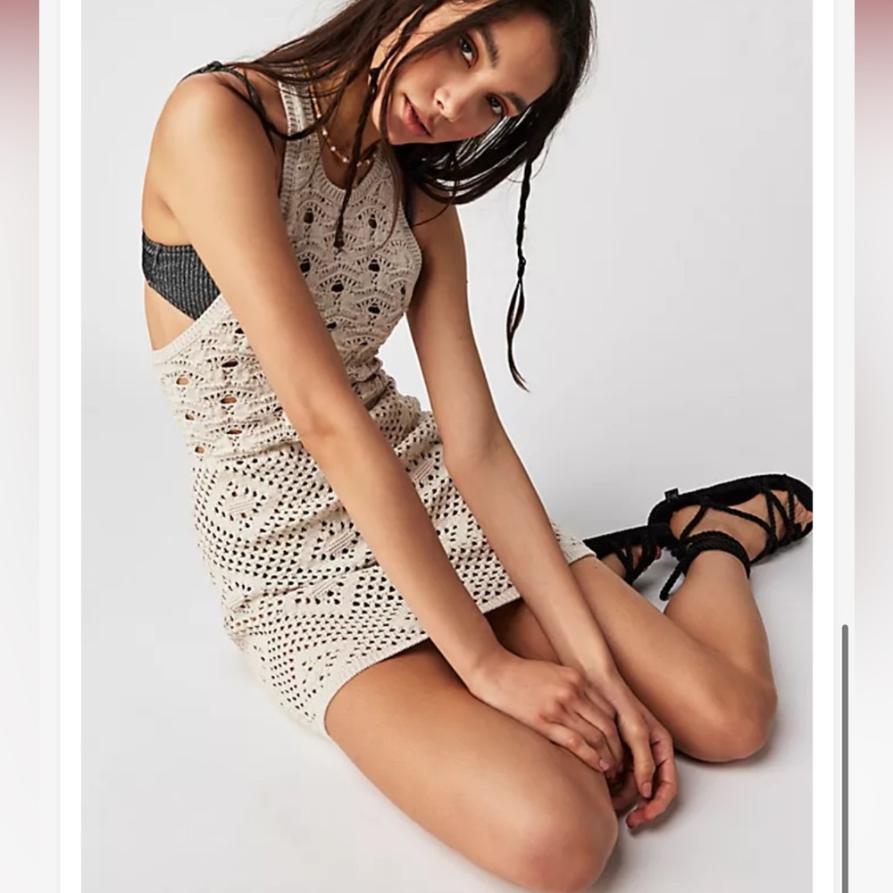 Free People FP Beach Beige Crochet Mini Dress Coverup - Picture 2 of 11